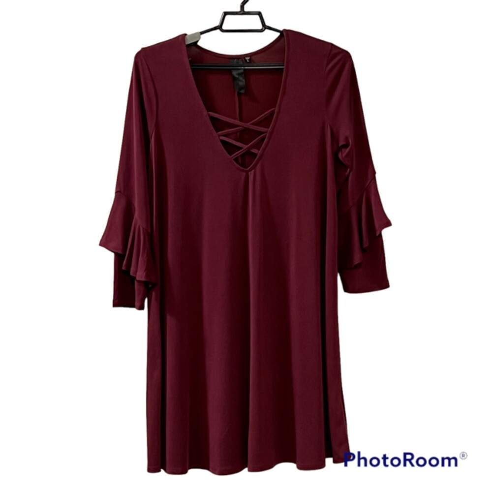Womens Chic Burgundy Deep V-neck Criss Cross LS Swing Shift Dress Size Large